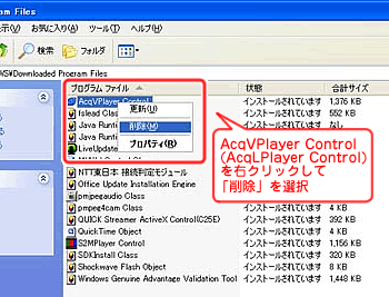 「AcqVPlayer Control」を削除する画面